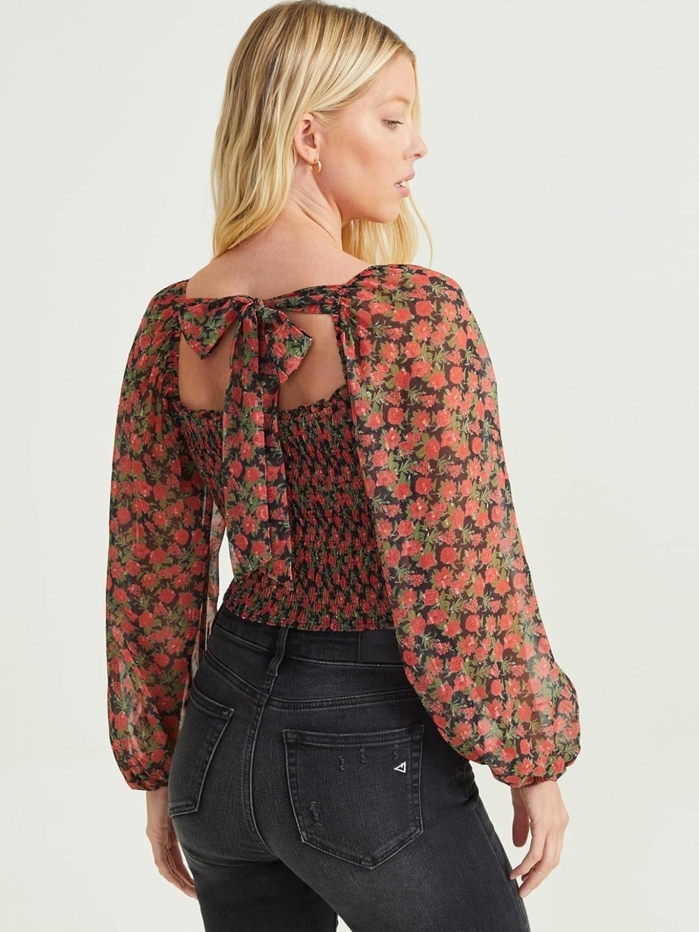 Altar'd State Red Floral Smocked Peasant Top with Tie-Back